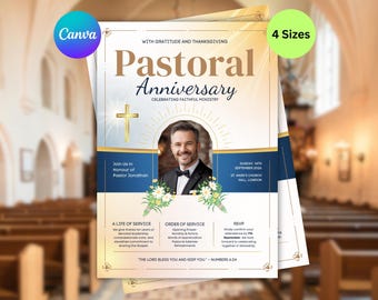 Pastoral Anniversary Flyer Template, Elegant Gold Navy Church Invitation (Canva)