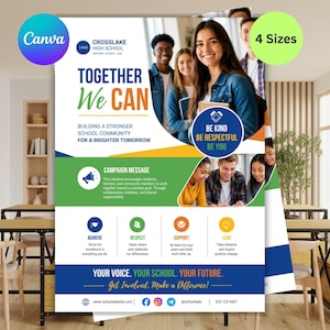 Peut inclure: Un dépliant pour la communauté scolaire avec le texte Together We Can, Building a Stronger School Community for a Brighter Tomorrow. Il comprend des photos d'élèves, des icônes pour Achieve, Respect, Support, Lead et des coordonnées en bas.