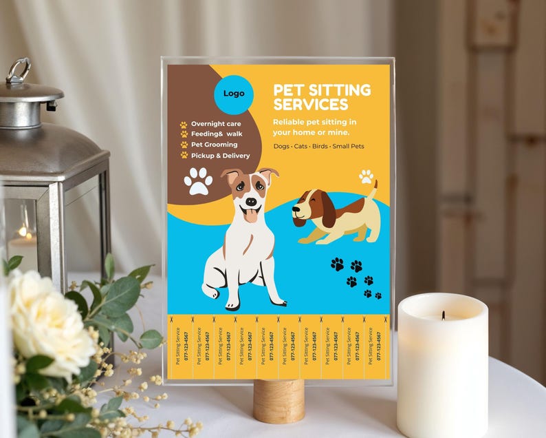 May include: A clear acrylic sign with a wooden base displays "PET SITTING SERVICES" with illustrations of dogs and paw prints. The sign includes text about overnight care, feeding, grooming, and pickup & delivery services. The background is yellow, brown, and blue.