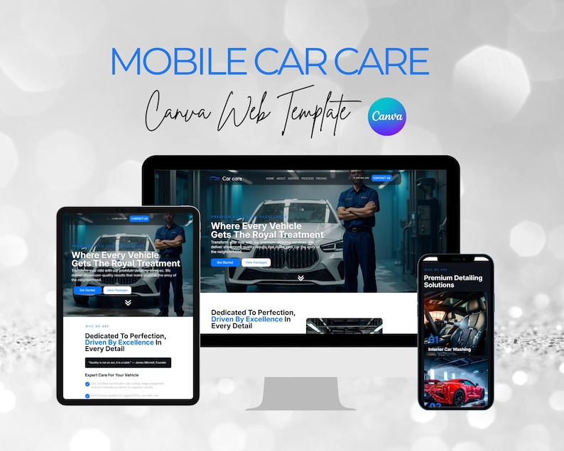 May include: A digital mockup showcasing a mobile car care Canva web template. The design features a tablet, computer monitor, and smartphone displaying website layouts with car detailing services. Text includes "Mobile Car Care" and "Canva Web Template."