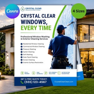 May include: A promotional flyer for Crystal Clear Windows and Exterior Cleaning Services. It features a worker in a blue shirt and cap cleaning a window with a squeegee. The text lists services like pressure washing and gutter cleaning.