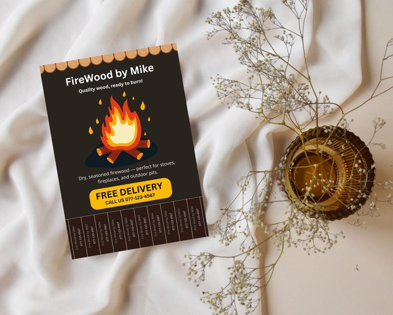 May include: A flyer for FireWood by Mike, featuring a cartoon campfire illustration with flames. The text reads "Quality wood, ready to burn!" and "Dry, seasoned firewood." A yellow banner states "FREE DELIVERY" with a phone number.