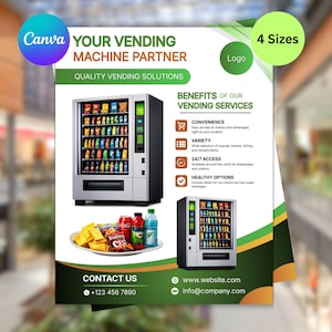 Puede incluir: Un folleto promocional para servicios de máquinas expendedoras. El folleto presenta una máquina expendedora grande llena de bocadillos y bebidas, junto con una versión más pequeña. El texto incluye "Su socio de máquinas expendedoras".
