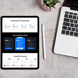 May include: A digital tablet displays a website interface with the text "Simple Steps To A Spotless Ride" and pricing plans. A white stylus, a laptop, and a small potted succulent are also visible on a gray surface.