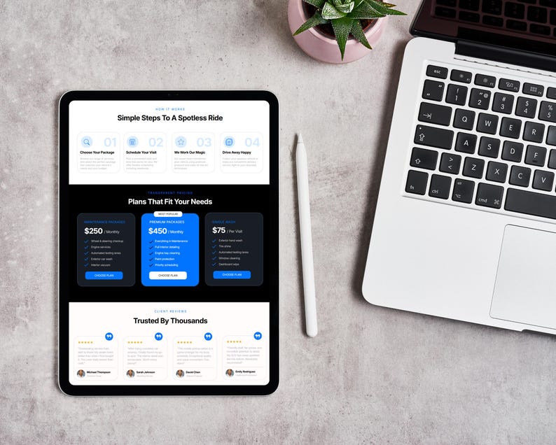 May include: A digital tablet displays a website interface with the text "Simple Steps To A Spotless Ride" and pricing plans. A white stylus, a laptop, and a small potted succulent are also visible on a gray surface.
