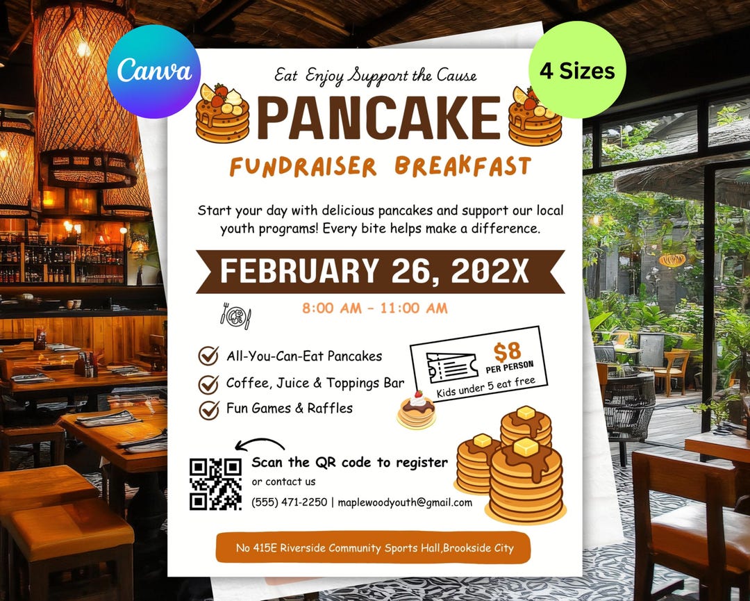 Pancake Breakfast Fundraiser Flyer Template | Editable Canva Design - Etsy