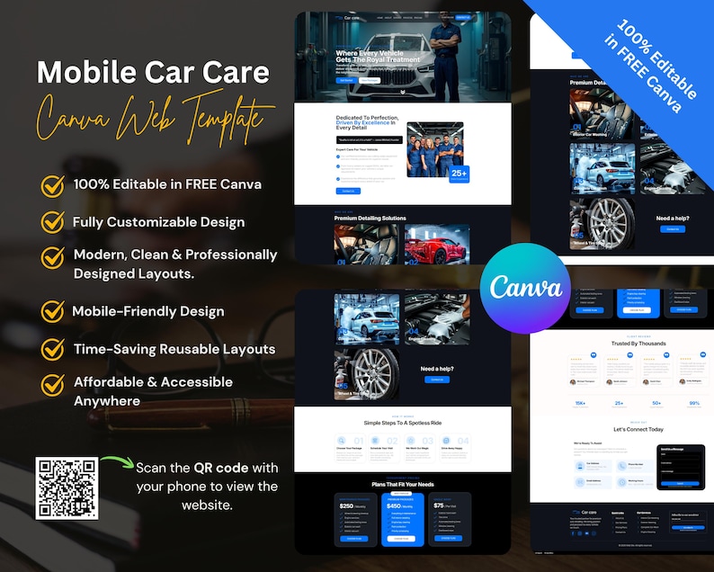 May include: A website template for mobile car care services. The design is modern and mobile-friendly, with a dark background and blue accents. The template is 100% editable in Canva and includes a QR code to view the website.