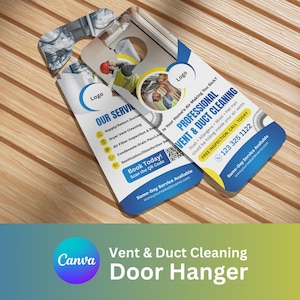 以下が含まれることがあります： 青と白のデザインの2つのドアハンガー。プロの換気とダクトクリーニングサービスを宣伝しています。ハンガーには「Professional Vent & Duct Cleaning」というテキストと電話番号が記載されています。背景は明るい木目です。