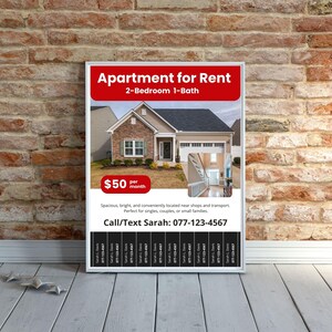 May include: A framed advertisement for a 2-bedroom, 1-bath apartment. The ad features a photo of a house and includes the text "Apartment for Rent" and "$50 per month." The ad also provides a phone number to call or text.