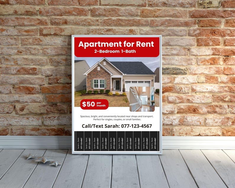 May include: A framed advertisement for a 2-bedroom, 1-bath apartment. The ad features a photo of a house and includes the text "Apartment for Rent" and "$50 per month." The ad also provides a phone number to call or text.