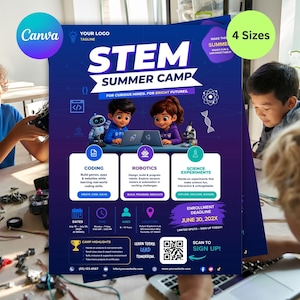 May include: A digital flyer for a STEM Summer Camp featuring a dark blue background with illustrations of two children using laptops, a robot, and science icons. The text includes program details for coding, robotics, and science experiments.