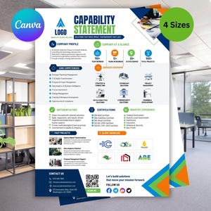 Può includere: Un modello professionale di dichiarazione di capacità con accenti blu, verdi e arancioni. Il layout include sezioni per il profilo aziendale, le competenze chiave, i servizi, le certificazioni e le informazioni di contatto con un QR code.