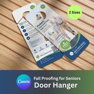 Puede incluir: Dos colgadores de puerta con un diseño azul y blanco, que promueven la prevención de caídas para personas mayores. Los colgadores tienen un recorte para el pomo de la puerta y texto, incluyendo "Proteja a sus seres queridos de las caídas" y "2 tamaños".