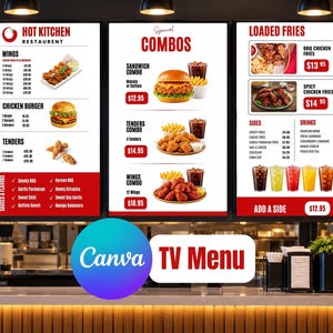 Peut inclure: Un panneau de menu de restaurant numérique intitulé Hot Kitchen Restaurant présentant trois panneaux affichant des plats comme des ailes, des burgers au poulet, des tenders, des frites garnies et des menus avec prix et sauces.