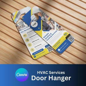 May include: A door hanger advertising HVAC services, featuring a blue and yellow design. The hanger lists services such as air conditioning, heating solutions, and duct cleaning with icons. It also includes a QR code and a phone number.