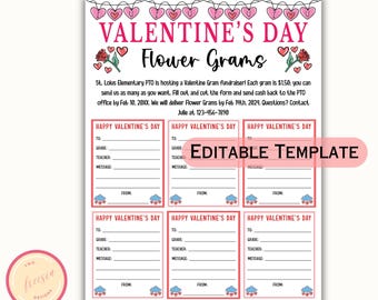 May include: Printable Valentine's Day flower gram template with six cards. Each card has a pink and red heart border and a blue cloud with hearts. The text on the card says "Happy Valentine's Day" and has space to write "To", "Grade", "Teacher", "Message", and "From".