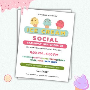 Editable Ice Cream Social Flyer - Ice Cream Event Invitation - Editable Fundraiser Template - PTO Ice Cream Fundraiser Invite