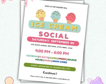 Folleto social editable de helados - Invitación a un evento de helados - Plantilla editable para recaudación de fondos - Invitación a la recaudación de fondos de helados de la PTO