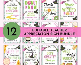 Può includere: Un set di 12 cartelli di apprezzamento per insegnanti stampabili con una strega e vari disegni fantasiosi. I cartelli includono frasi come "Donut Know What We'd Do Without Our Wicked Awesome Teachers and Staff" e "You Are a Wand-erful Bunch".