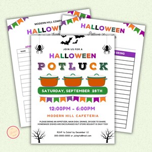 Halloween Potluck Flyer and Sign Up Sheet Template, Appreciation Luncheon Invitation, Office, School Party Potluck Flyer
