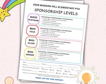 Sponsorship Level Flyer - Printable PTO PTA Form - Editable Template - Non-Profit Donation Form - PT56