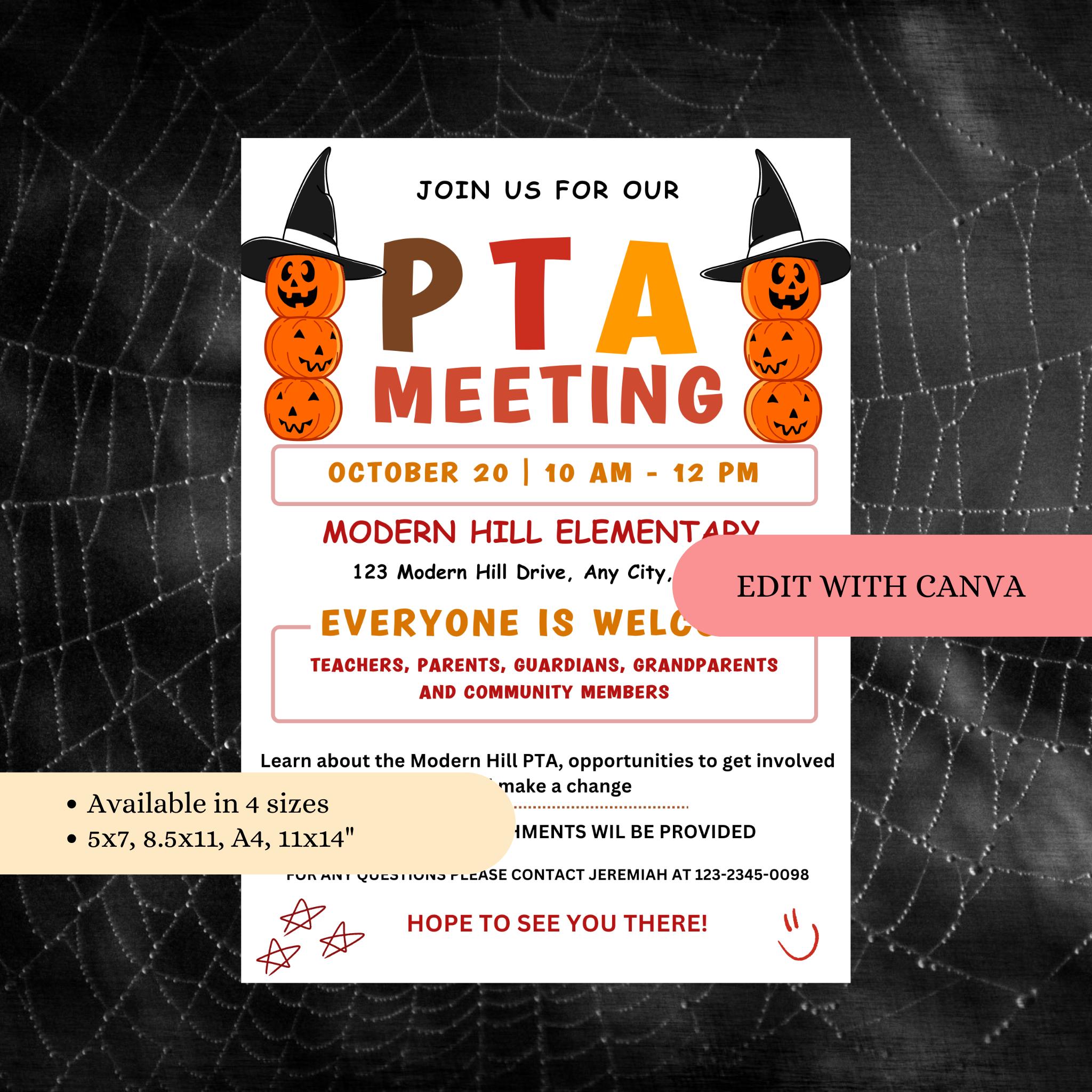October PTA PTO Monthly Meetings Flyer Template - Editable PTA Canva ...