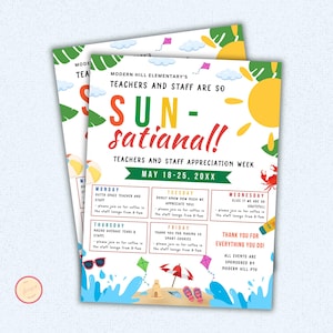 Beach-Themed Teacher Appreciation Week Flyer, Sun-Sational itinerary Flyer, Canva Poster, Editable and Printable Template