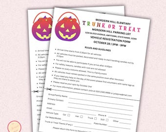 Truck or Treat Vehicle Registration Form Template, Halloween School, Community, Church, Neighborhood, Event - Editable Template