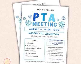 January PTO Monthly Meetings Flyer Template - Editable PTA Canva Templates - Printable School Seasonal Flyers