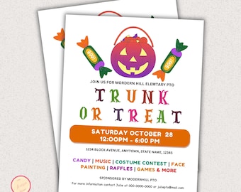 Puede incluir: Dos folletos para un evento de Trunk or Treat. El diseño presenta una calabaza morada con una cesta de caramelos, rodeada de gráficos de caramelos. El texto incluye detalles del evento: fecha, hora, lugar y actividades como caramelos y concursos de disfraces.
