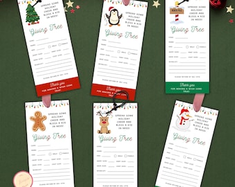 Christmas Giving Tree Tags Template, Toy Drive, School, Church, Community Holiday Angel Tree Gift Tag, Donation Slip, Charity Event