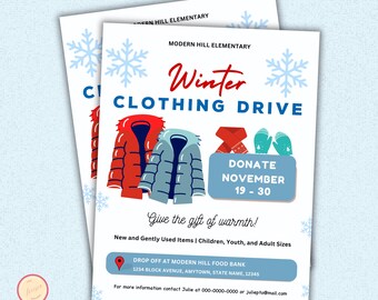 Winter Clothing Drive Flyer, Printable PTA PTO Invitation, Charity Church Fundraiser, Christmas Cold Weather, Coat Jacket Donations Flyer