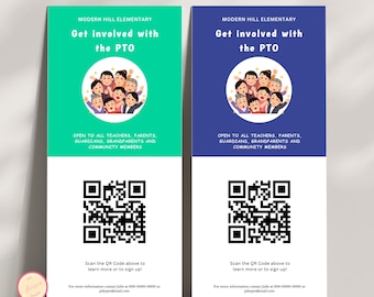 Plantilla editable de volante para reclutar voluntarios de la Asociación de Padres y Maestros (PTA) de la escuela - Plantilla de Canva - Volante para participar en la Asociación de Padres y Maestros (PTA) o la Asociación de Padres y Maestros (PTTO) con código QR - 4 x 9" - PT56