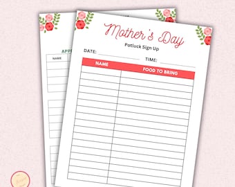 Mother's Day Potluck Sign-Up Sheet Template, Editable Church, Neighborhood, Office, School Event Luncheon Invitation