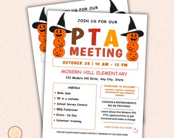 October PTO Monthly Meetings Flyer Template - Editable PTA Canva Templates - Printable School Seasonal Flyers