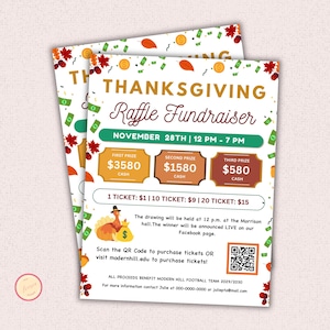 Bearbeitbarer Thanksgiving-Verlosungs-Spendenaktionsvorlagen-Flyer, Bargeld-Verlosungs-Flyer, Raffle-Los-Spendenaktions-Flyer, Wohltätigkeitsveranstaltung der PTO-Kirchenschule