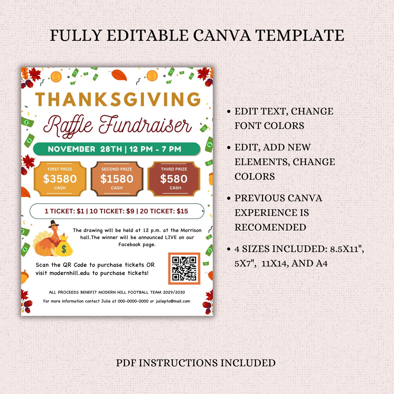 Turkey Raffle Template Editable Thanksgiving Raffle Fundraiser Templates Flyer, Cash Raffle ...