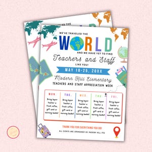 International Theme Teacher Appreciation Week Flyer, Around the World Travel Itinerary Flyer, Canva Poster, Editable Template