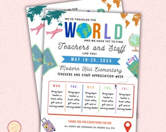Volante de la Semana Internacional de Reconocimiento al Profesorado, volante de itinerario de viaje alrededor del mundo, póster de Canva, plantilla editable