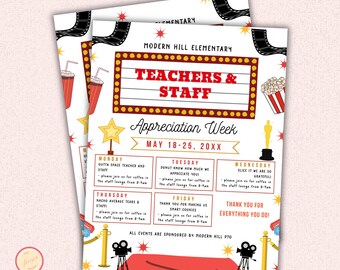 May include: A red and white printable poster with a movie theme for Teacher and Staff Appreciation Week. The poster features a red and white marquee with the text "Teachers & Staff Appreciation Week" and the dates "May 18-25, 20XX". The poster also features a red carpet, a movie camera, popcorn, and a golden Oscar statue.