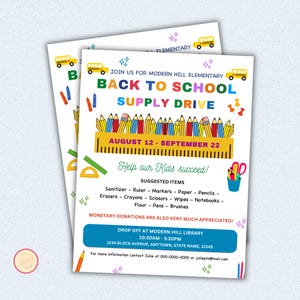 Back to School Supply Drive Flyer Template, Editable School Supplies Fundraiser Poster, Back To School Invite, School Donation