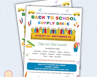 Back to School Supply Drive Flyer Template, Editable School Supplies Fundraiser Poster, Back To School Invite, School Donation