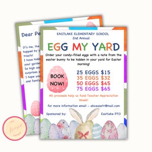 Modelo editável Egg My Yard - Folheto de arrecadação de fundos de Páscoa para impressão - Folheto de arrecadação de fundos You’ve Been Egged - Carta de coelhinho da Páscoa - PTO, Igreja