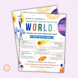 Outer Space-Themed herauskommenden Lehrer Wertschätzung Woche Flyer, Weltraum-Reiseplan Flyer, Canva Poster, bearbeitbare und druckbare Vorlage