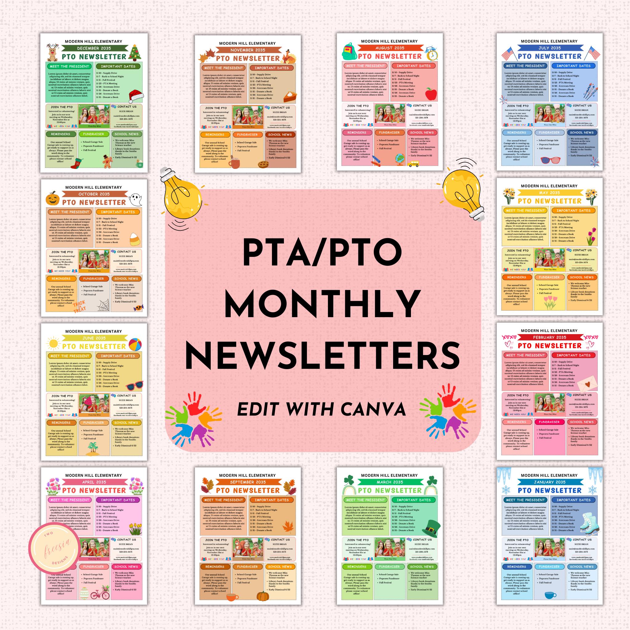 PTO/PTA Monthly Newsletter Template Bundle - 12 Editable PTA Canva Templates - Printable School Events Handout - Monthly Classroom News