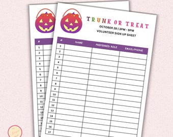 Truck or Treat Sign Up Sheet Template, Halloween School, Community, Church, Neighborhood, Event - Editable Template
