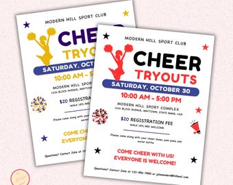 Cheerleading Tryout Flyer Template - Editable Cheer Tryouts Flyer for High School or Competitive Cheer, Cheerleading Team Printable