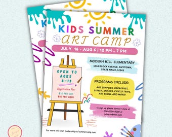 Bearbeitbare Kinder-Sommer-Kunstlager-Flyervorlage, Sommerpause, Frühlings-Kunst-Themenplakat, Schulaktivität einladen, Fundraiser-Veranstaltung