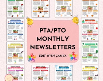 PTO 12 Monthly Newsletter Template Bundle - Editable PTA Canva Templates - Printable School Events Handout - Monthly Classroom News
