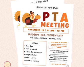 November PTO Monthly Meetings Flyer Template - Editable PTA Canva Templates - Printable School Seasonal Flyers